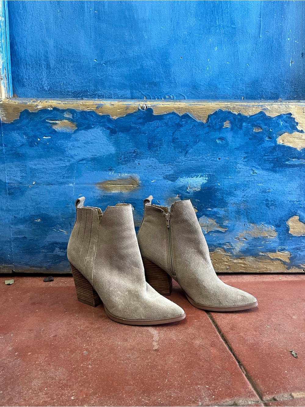 Guess Taupe Suede Ankle Booties with Stacked Heel